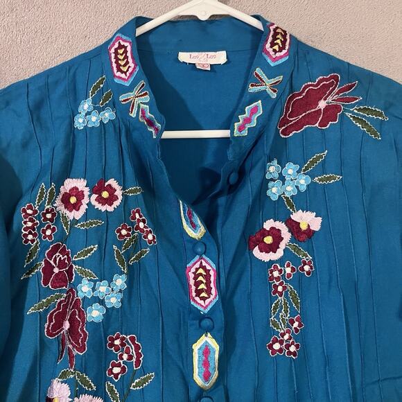 Luv Embroidered Peasant Tunic Shirt Turquoise Blue Women Sz L Boho Aztec - Picture 3 of 10